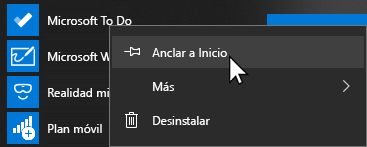 Menú contextual para que Microsoft To Do esté abierto y Anclar al inicio seleccionado