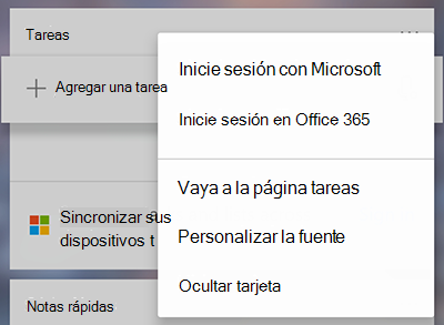 Captura de pantalla que muestra la opción Iniciar sesión con Microsoft u Office 365 en la tarjeta Más tareas más menú