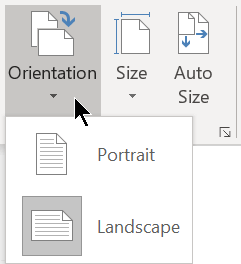 En la pestaña Diseño, el menú Orientación le permite seleccionar la orientación vertical u horizontal para una página de Visio.