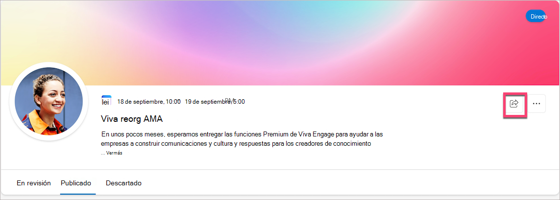 Captura de pantalla que muestra el icono de compartir en la página del evento AMA.