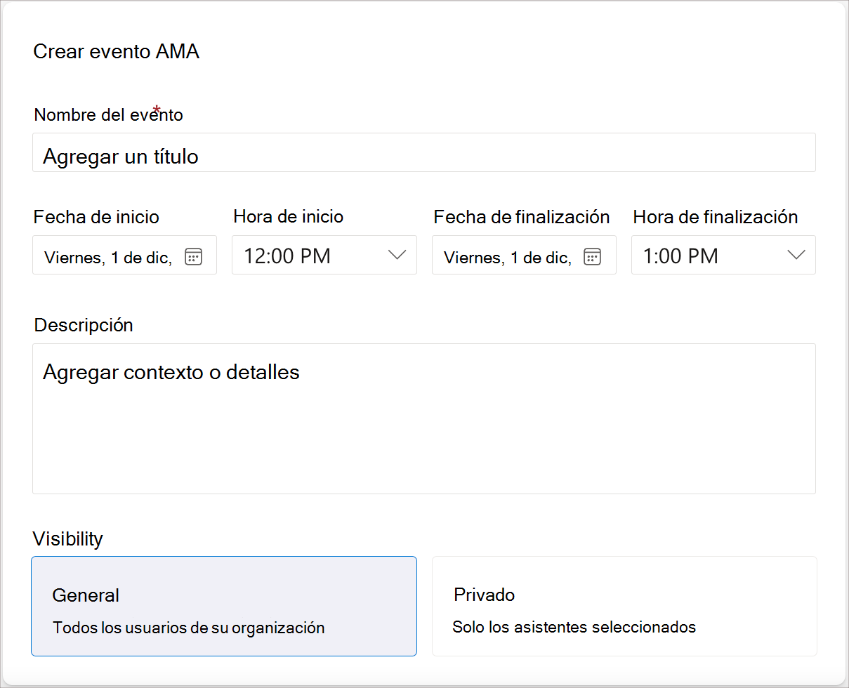 Captura de pantalla de los campos necesarios para crear un evento AMA.