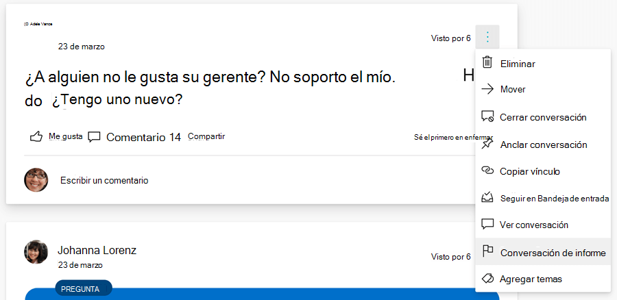 Opción Informar de conversación en el menú Más para un comentario (el informe se aplica a toda la conversación, no solo a ese comentario)