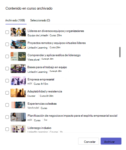Captura de pantalla de una ventana que muestra todos los cursos en curso que ha archivado con la opción de desagarchar cursos individuales.