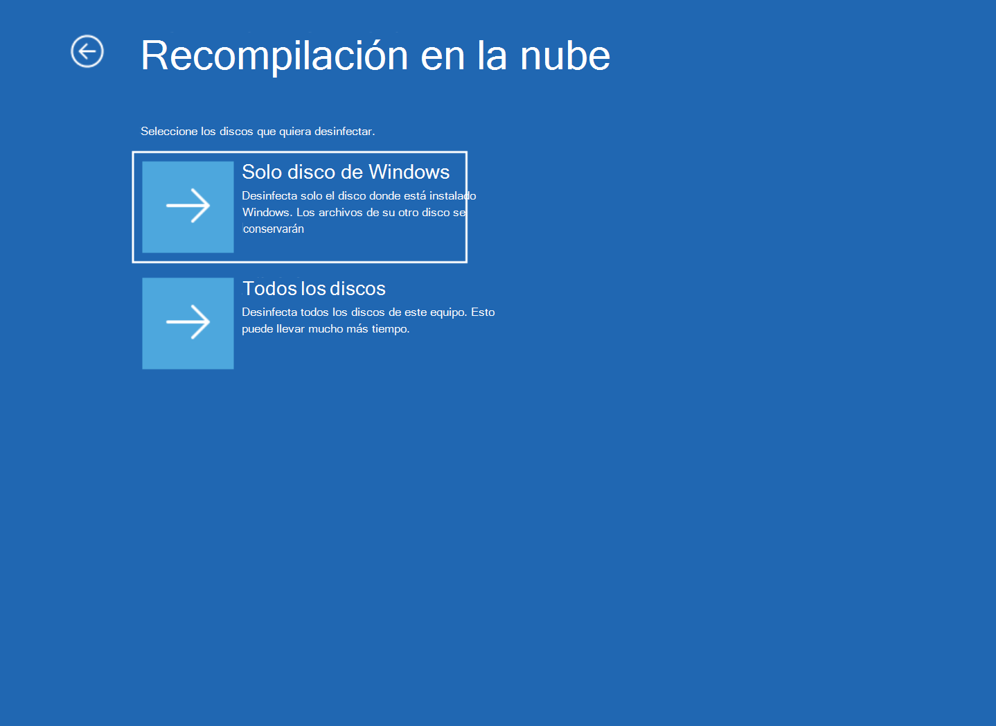 Captura de pantalla de la pantalla de reconstrucción en la nube con las opciones Solo disco de Windows y Todos los discos.
