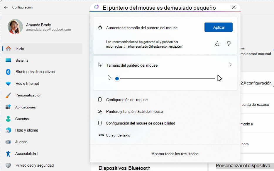 Captura de pantalla de Configuración que muestra una búsqueda basada en IA usando el agente.