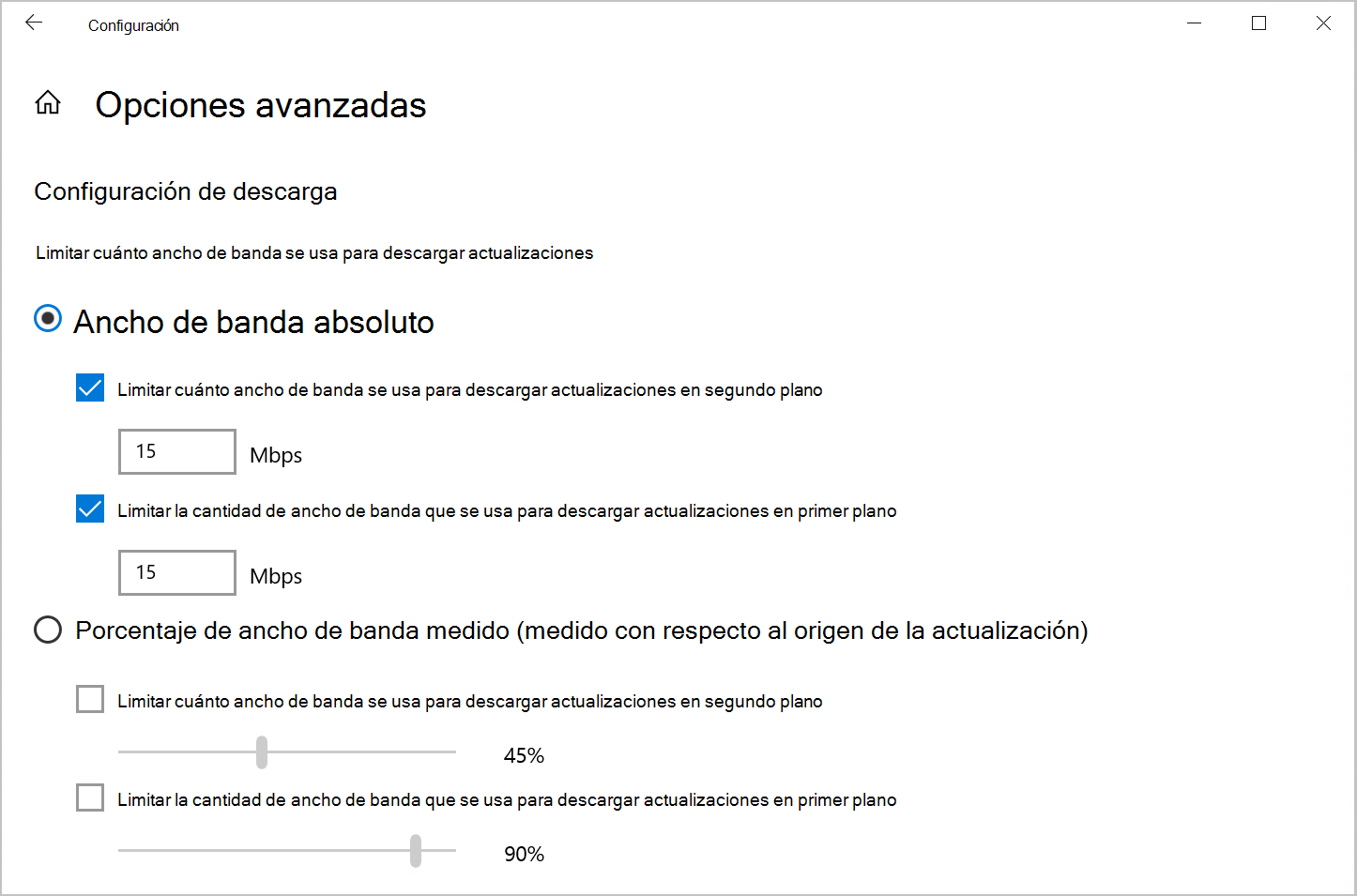 Captura de pantalla de la opción Optimización de distribución para limitar el ancho de banda de descarga en Windows 10.