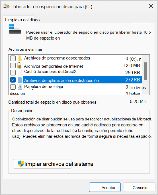 Captura de pantalla de la utilidad Liberador de espacio en disco que muestra la opción de Optimización de distribución Files seleccionada.