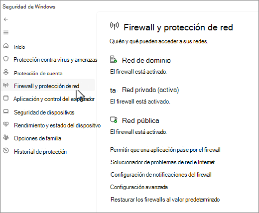 Captura de pantalla de la página Firewall y protección de red de la aplicación de Seguridad de Windows.