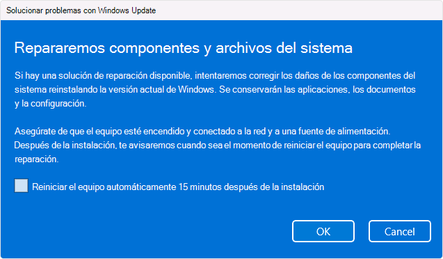 Captura de pantalla de la opción de reinstalar Windows Update.