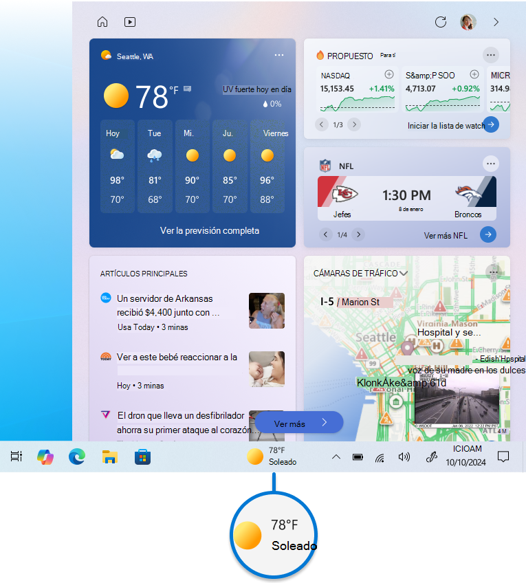 Captura de pantalla de noticias e intereses.