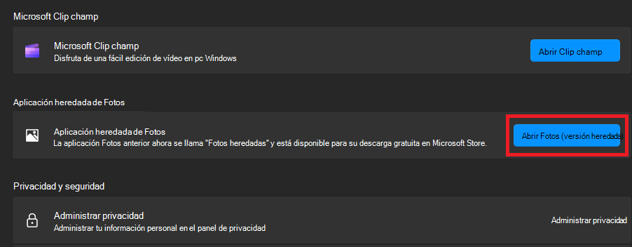 Haga clic en Abrir fotos heredadas