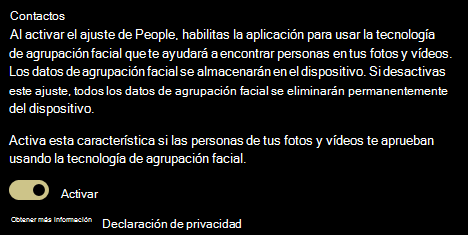 Muestra el botón de alternancia de activar y desactivar para la configuración Contactos.