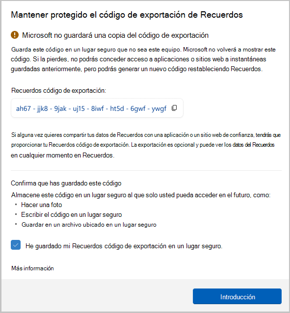 Captura de pantalla del código de exportación para recuperación