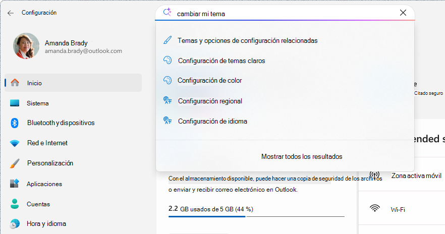 Captura de pantalla de una búsqueda en configuración.