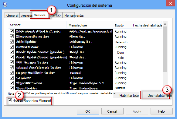 Configuración del sistema: pestaña Servicios: casilla Ocultar todos los servicios Microsoft activada - Deshabilitar todo