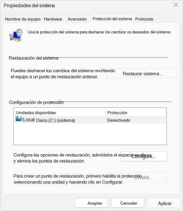 Captura de pantalla de la configuración de Protección del sistema.