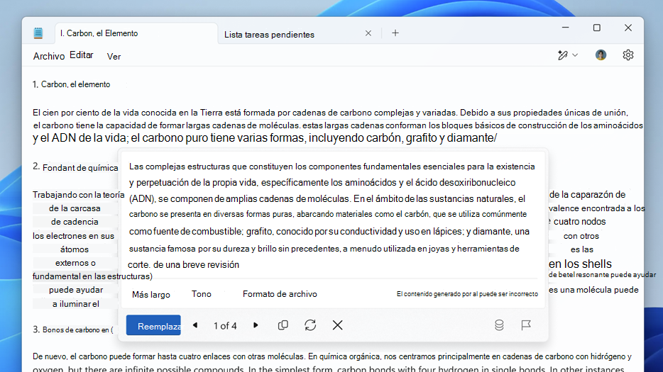 Captura de pantalla de coautor en el Bloc de notas que muestra las opciones de reescritura