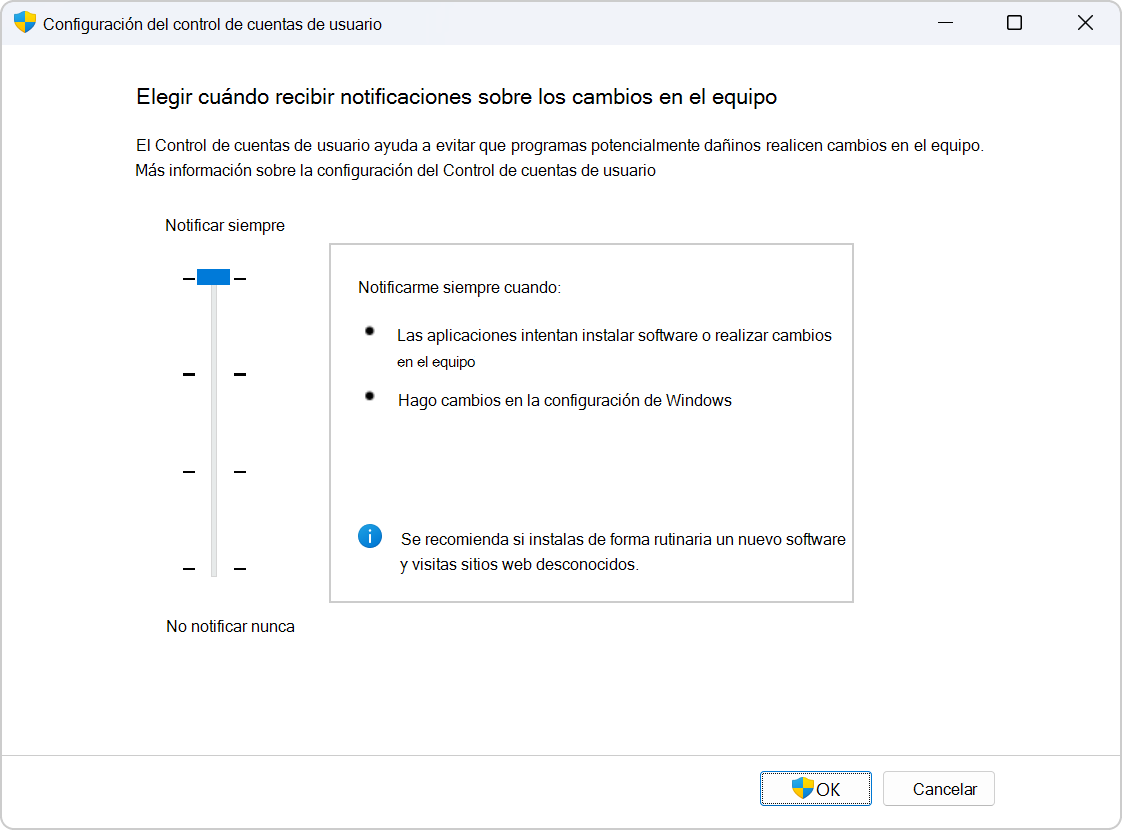 Screenshot of the settings to configure UAC.