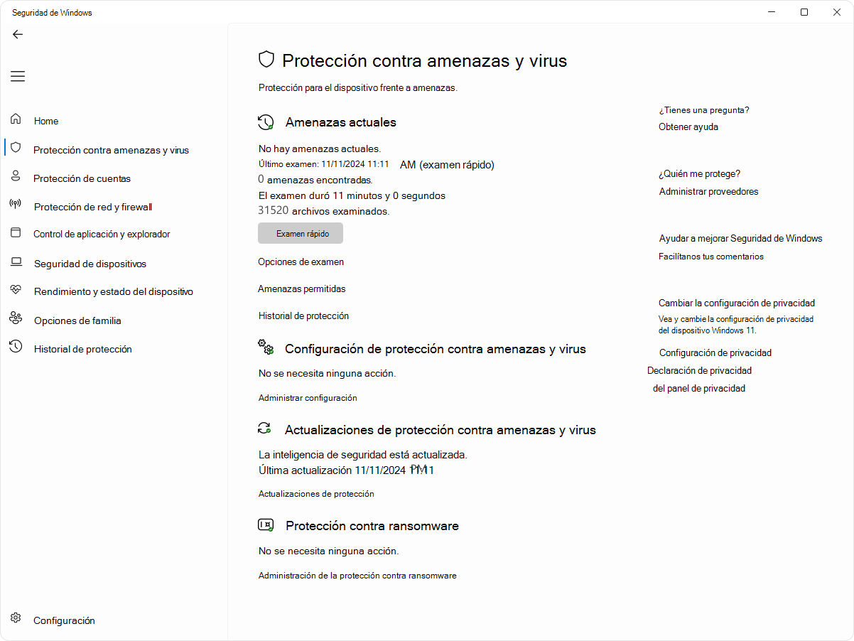 Captura de pantalla de la página de protección contra virus y amenazas de la aplicación Seguridad de Windows.