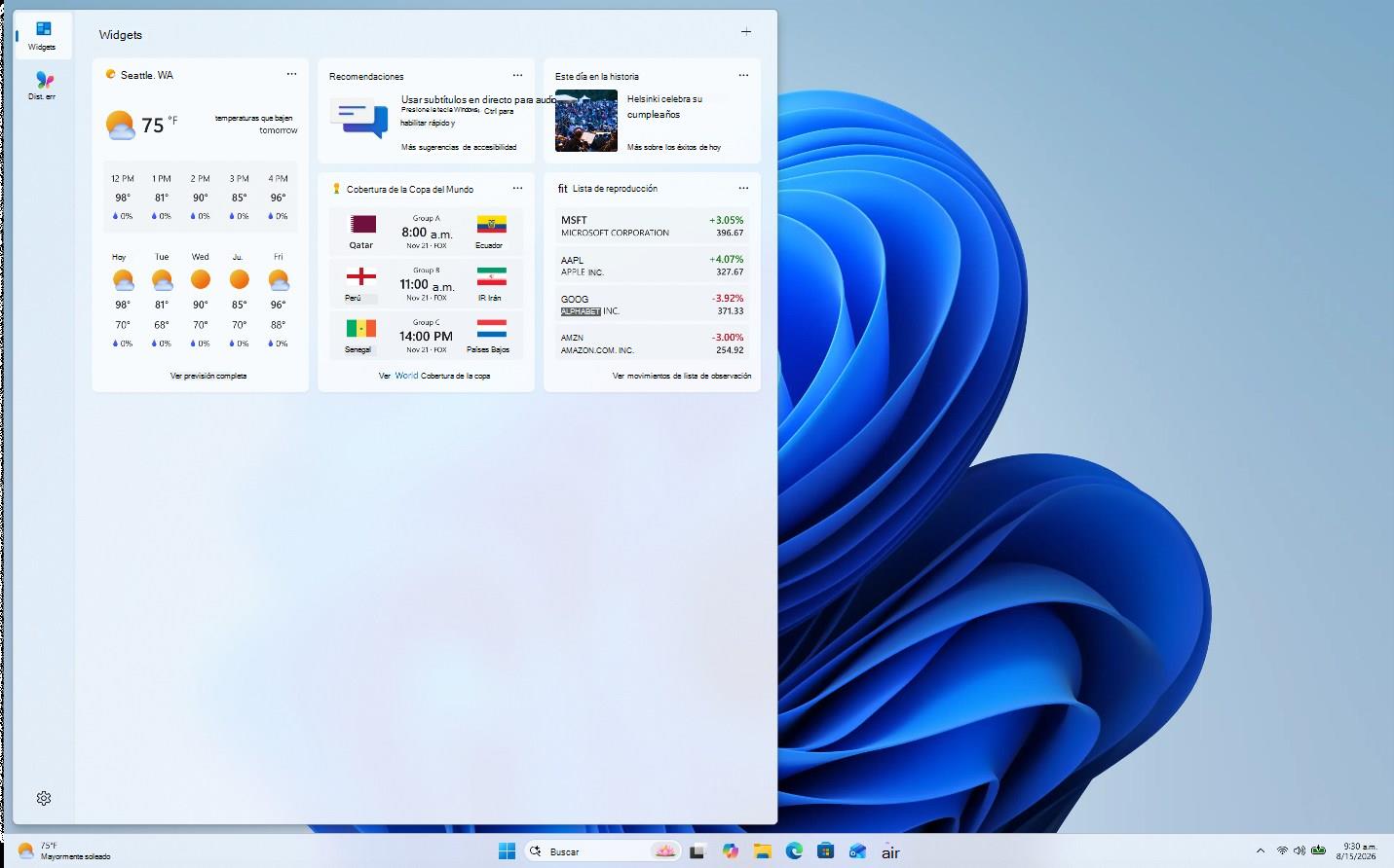 Panel de widgets que muestra el clima, pronósticos, historial, Copa del Mundo y widgets de lista de seguimiento de acciones.