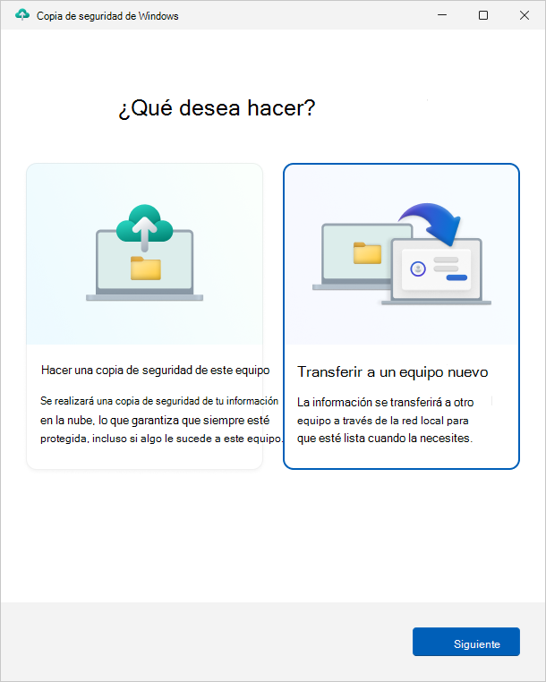 Captura de pantalla de la aplicación Copias de seguridad de Windows, que muestra la opción de transferir información a un equipo nuevo.