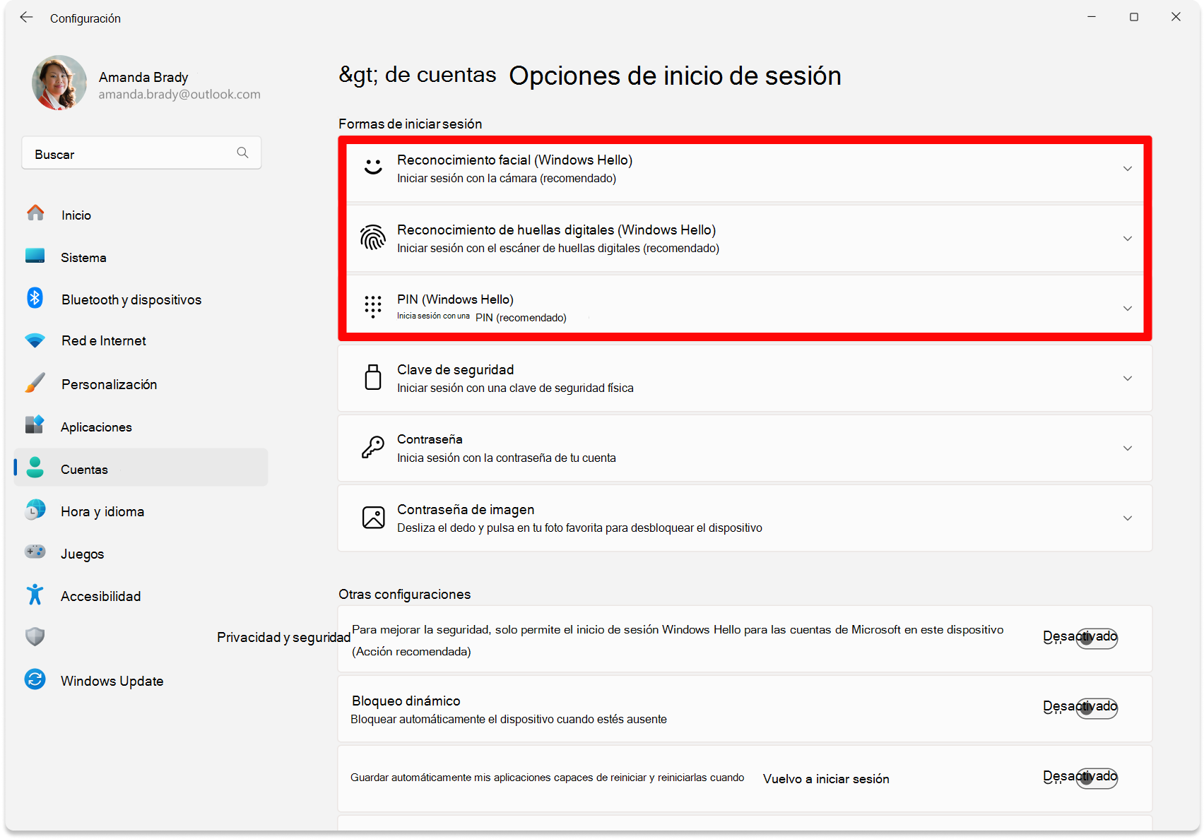 Screenshot of Settings - Options to configure Windows Hello.