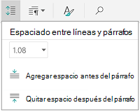 Menú Espaciado entre líneas y párrafos de Android