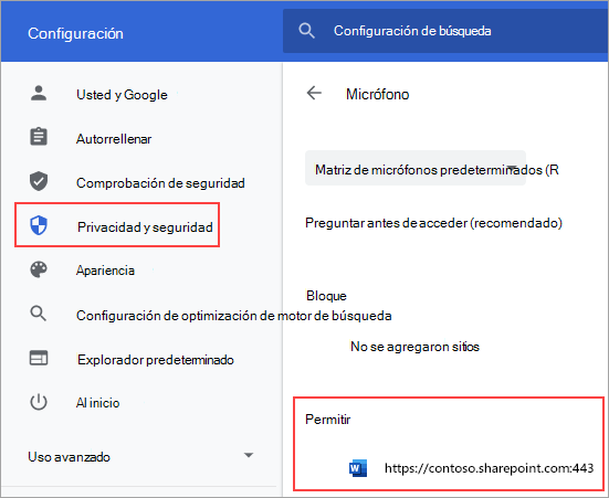 Página de configuración de permisos del micrófono para Chrome