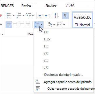 Pantalla de espaciado entre líneas y párrafos