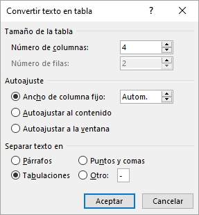 Se muestra el cuadro de diálogo Convertir texto en tabla.