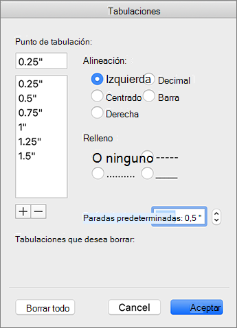 Cuadro de diálogo Pestañas de Mac