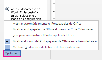 Opciones del Portapapeles en Word 2013