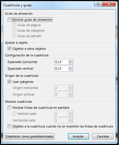 Cuadro de diálogo Cuadrícula y guías de Word