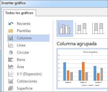 Cuadro de diálogo de Insertar gráfico mostrando las opciones de gráficos y la vista previa