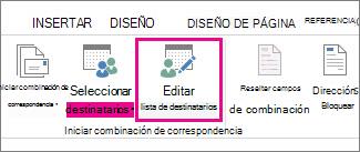 Captura de pantalla de la pestaña Correspondencia de Word, donde se muestra el comando Editar lista de destinatarios resaltado.