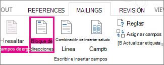 Insertar el campo de combinación de Bloque de dirección