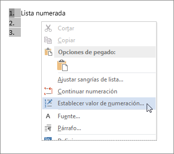 Establecer valor de numeración en el menú contextual