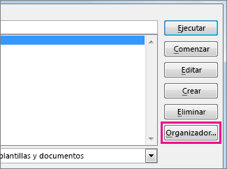 Botón Organizador en el cuadro Ver macros