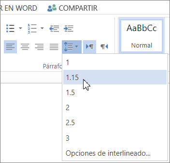 Botón Interlineado en la pestaña Inicio