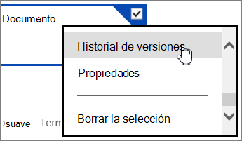 Captura de pantalla de la opción de menú Historial de versiones de OneDrive.
