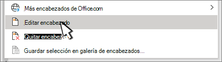 Editar encabezado seleccionado en el cuadro de diálogo Encabezado