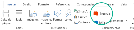 Usar el botón Tienda de la pestaña Insertar de la cinta de opciones de Office para instalar los complementos de Office