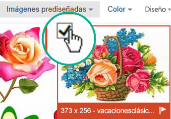 Seleccione la imagen en miniatura de la imagen que desea insertar. Se mostrará una marca de verificación en la esquina superior izquierda.