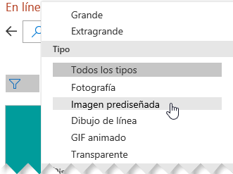 Use el filtro de Tipo para restringir las opciones solo a imágenes prediseñadas
