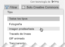 Abra el filtro y, en Tipo, seleccione Imágenes Imágenes prediseñadas.