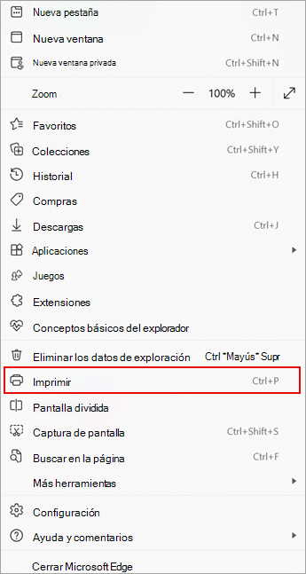 Captura de pantalla que muestra el comando Imprimir en el menú Más de Microsoft Edge.