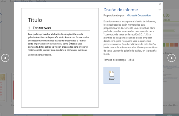 Muestra una vista previa de la plantilla de diseño Informe en Word 2016.