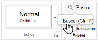 Captura de pantalla que muestra el comando Buscar en la pestaña Inicio de Word para la Web.