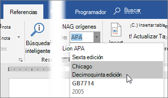 En la pestaña Referencias, elija un estilo de cita de la lista Estilos.