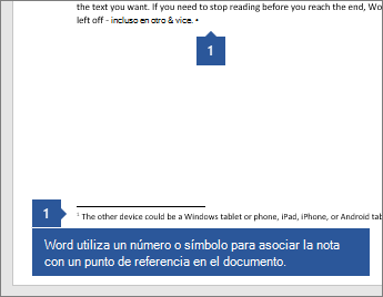 Word usa un número o símbolo para asociar la nota a un punto de referencia en el documento
